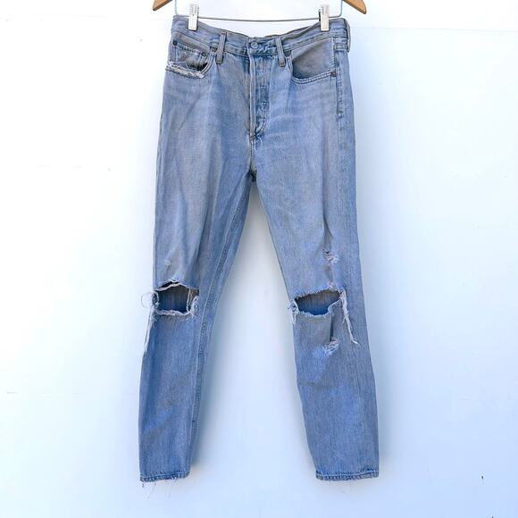 Agolde Jamie High Waisted Distressed Light Wash Straight Leg Jeans 27 Button Fly - Picture 3 of 12